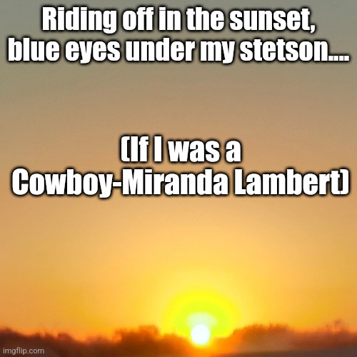 If I was a Cowboy |  Riding off in the sunset, blue eyes under my stetson.... (If I was a Cowboy-Miranda Lambert) | made w/ Imgflip meme maker