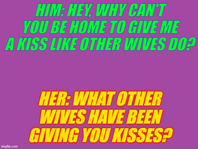 Dick Van Dyke Show | HIM: HEY, WHY CAN'T YOU BE HOME TO GIVE ME A KISS LIKE OTHER WIVES DO? HER: WHAT OTHER WIVES HAVE BEEN GIVING YOU KISSES? | image tagged in funny | made w/ Imgflip meme maker