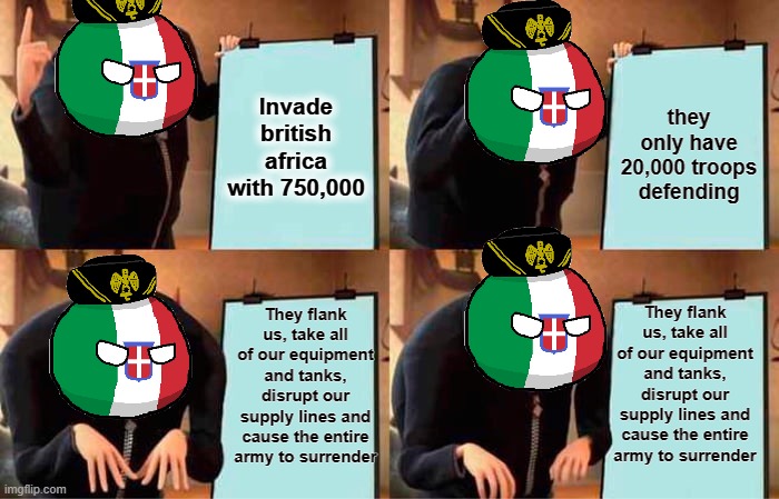 Gru's Plan Meme | Invade british africa with 750,000; they only have 20,000 troops defending; They flank us, take all of our equipment and tanks, disrupt our supply lines and cause the entire army to surrender; They flank us, take all of our equipment and tanks, disrupt our supply lines and cause the entire army to surrender | image tagged in memes,gru's plan | made w/ Imgflip meme maker