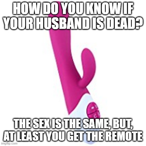 Self | HOW DO YOU KNOW IF YOUR HUSBAND IS DEAD? THE SEX IS THE SAME, BUT, AT LEAST YOU GET THE REMOTE | image tagged in vibrator | made w/ Imgflip meme maker