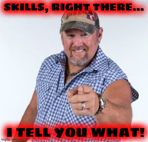 Larry the Cable Guy | SKILLS, RIGHT THERE... I TELL YOU WHAT! | image tagged in larry the cable guy | made w/ Imgflip meme maker