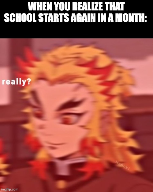 ReNgOkU | WHEN YOU REALIZE THAT SCHOOL STARTS AGAIN IN A MONTH: | image tagged in rengoku really,school sucks,angery | made w/ Imgflip meme maker