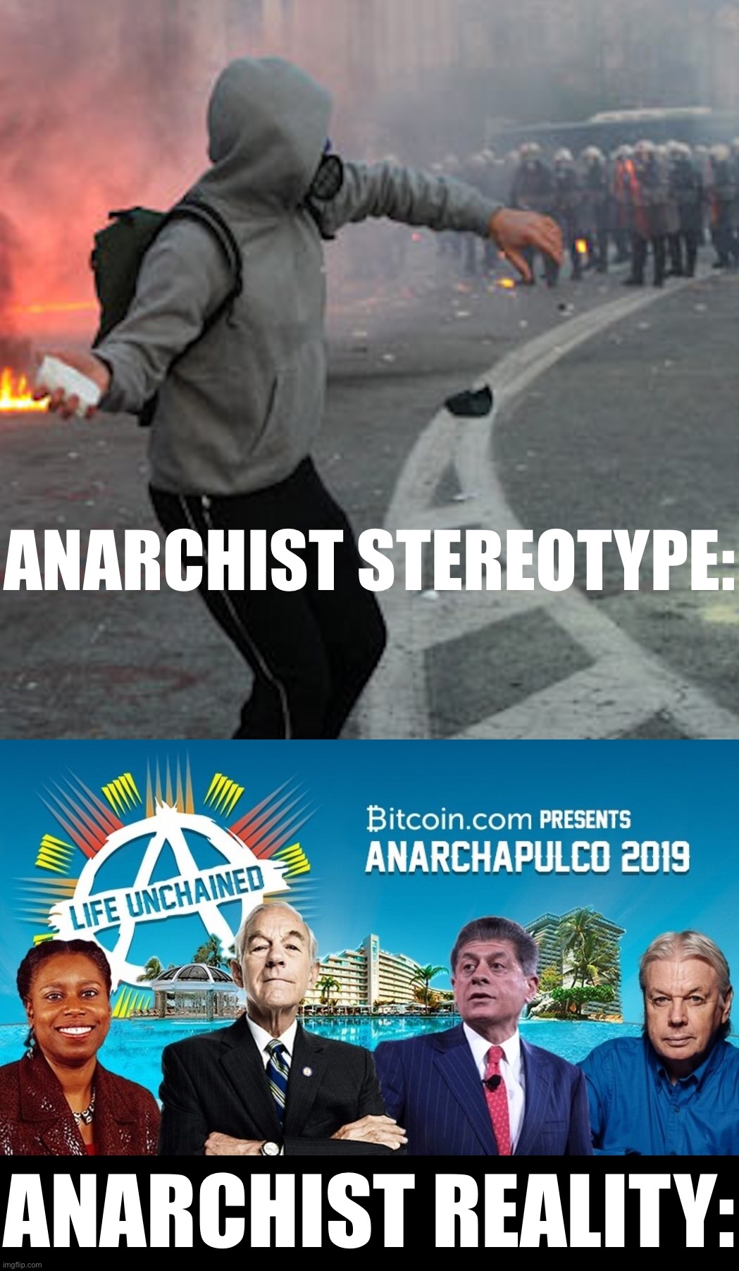 ANARCHIST STEREOTYPE:; ANARCHIST REALITY: | image tagged in man throwing brick at riot police,anarchapulco | made w/ Imgflip meme maker