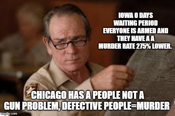 no country for old men tommy lee jones | IOWA 0 DAYS WAITING PERIOD EVERYONE IS ARMED AND THEY HAVE A A MURDER RATE 275% LOWER. CHICAGO HAS A PEOPLE NOT A GUN PROBLEM, DEFECTIVE PEO | image tagged in no country for old men tommy lee jones | made w/ Imgflip meme maker