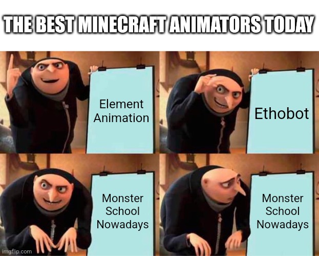 Where did the old one go | THE BEST MINECRAFT ANIMATORS TODAY; Element Animation; Ethobot; Monster School Nowadays; Monster School Nowadays | image tagged in memes,gru's plan,minecraft,animation,youtubers,ew | made w/ Imgflip meme maker
