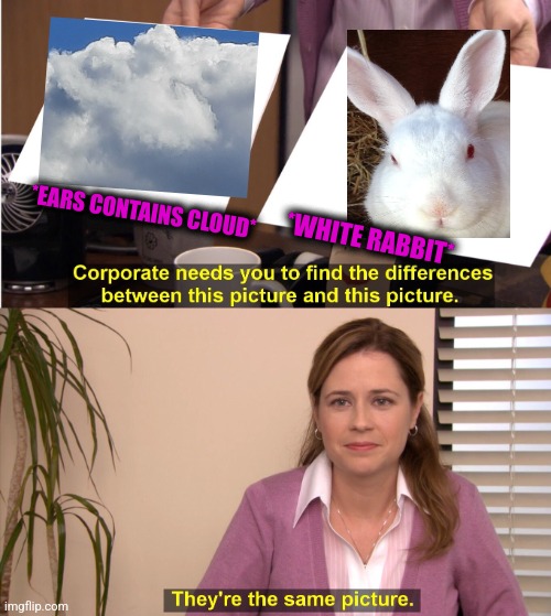 -Giving the grass. | *EARS CONTAINS CLOUD*; *WHITE RABBIT* | image tagged in memes,they're the same picture,clouds,rabbit,ears,totally looks like | made w/ Imgflip meme maker