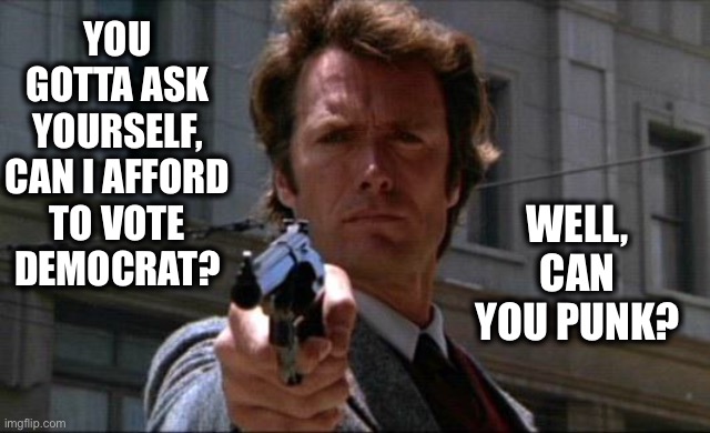 This country can't afford it! | YOU GOTTA ASK YOURSELF, CAN I AFFORD TO VOTE DEMOCRAT? WELL, CAN YOU PUNK? | image tagged in dirty harry,democrats | made w/ Imgflip meme maker
