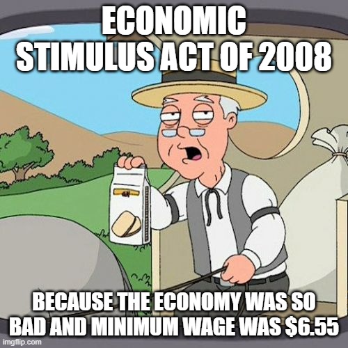 Pepperidge Farm Remembers Meme | ECONOMIC STIMULUS ACT OF 2008; BECAUSE THE ECONOMY WAS SO BAD AND MINIMUM WAGE WAS $6.55 | image tagged in memes,pepperidge farm remembers | made w/ Imgflip meme maker