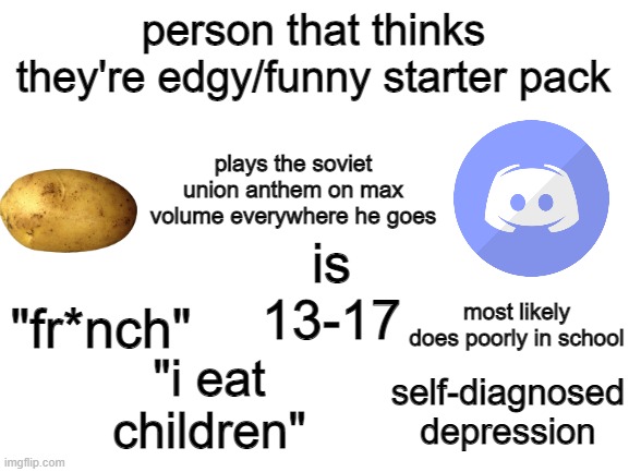 person that thinks they're edgy/funny starter pack | person that thinks they're edgy/funny starter pack; plays the soviet union anthem on max volume everywhere he goes; is 13-17; most likely does poorly in school; "fr*nch"; "i eat children"; self-diagnosed depression | image tagged in blank white template,starter pack | made w/ Imgflip meme maker