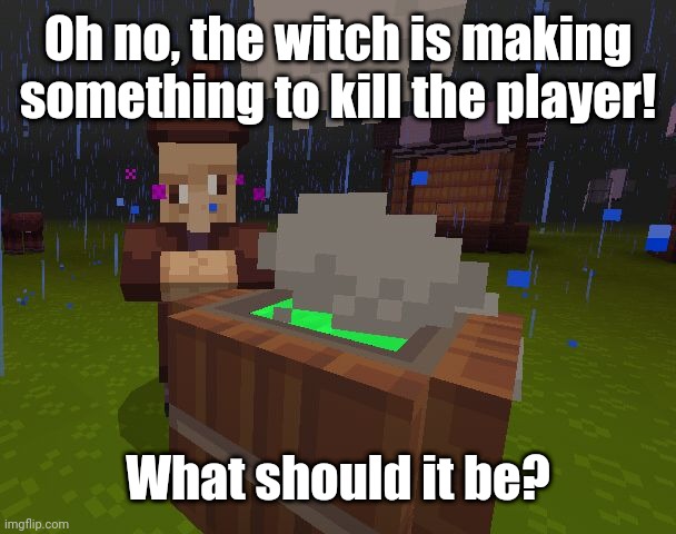 What should it be? | Oh no, the witch is making something to kill the player! What should it be? | image tagged in minecraft,memes,funny,minecraft memes | made w/ Imgflip meme maker