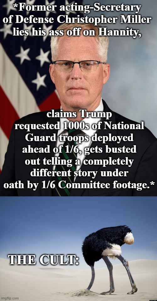 The problem with cultists -AKA Christopher Miller is a lying piece of sh*t. | *Former acting-Secretary of Defense Christopher Miller lies his ass off on Hannity, claims Trump requested 1000s of National Guard troops deployed ahead of 1/6, gets busted out telling a completely different story under oath by 1/6 Committee footage.*; THE CULT: | image tagged in christopher miller,ostrich head in sand | made w/ Imgflip meme maker