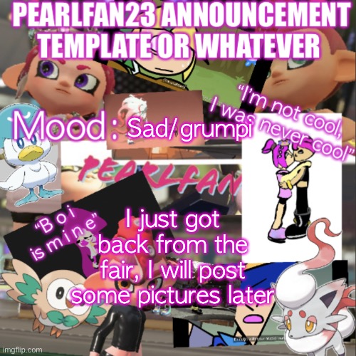 PearlFan23 announcement template | Sad/grumpi; I just got back from the fair, I will post some pictures later | image tagged in pearlfan23 announcement template | made w/ Imgflip meme maker