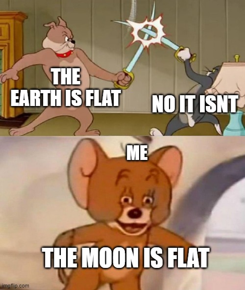 Tom and Jerry swordfight | THE EARTH IS FLAT; NO IT ISNT; ME; THE MOON IS FLAT | image tagged in tom and jerry swordfight | made w/ Imgflip meme maker