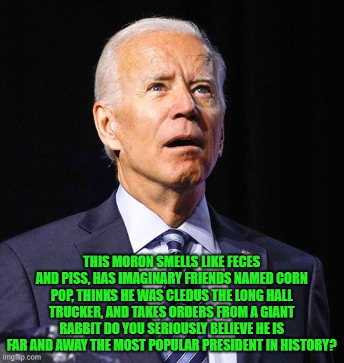 Joe Biden | THIS MORON SMELLS LIKE FECES AND PISS, HAS IMAGINARY FRIENDS NAMED CORN POP, THINKS HE WAS CLEDUS THE LONG HALL TRUCKER, AND TAKES ORDERS FR | image tagged in joe biden | made w/ Imgflip meme maker