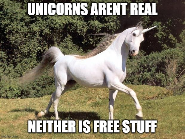 Unicorns | UNICORNS ARENT REAL; NEITHER IS FREE STUFF | image tagged in unicorns | made w/ Imgflip meme maker