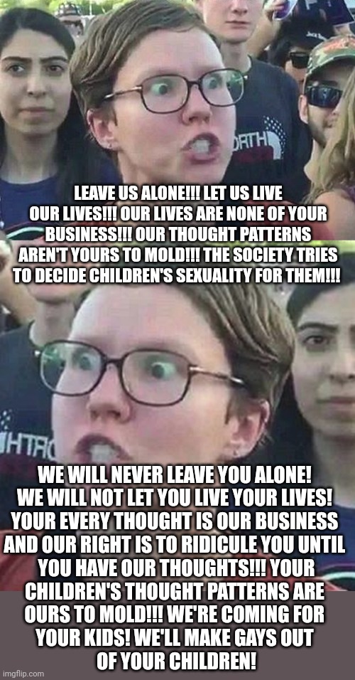 LEAVE US ALONE!!! LET US LIVE OUR LIVES!!! OUR LIVES ARE NONE OF YOUR BUSINESS!!! OUR THOUGHT PATTERNS AREN'T YOURS TO MOLD!!! THE SOCIETY T | image tagged in triggered liberal | made w/ Imgflip meme maker