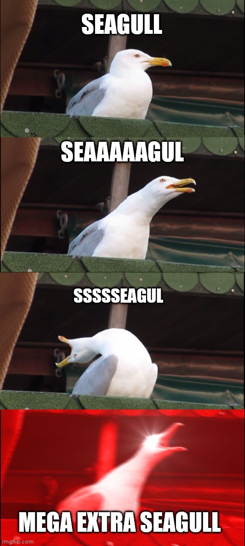 Inhaling Seagull Meme | SEAGULL; SEAAAAAGUL; SSSSSEAGUL; MEGA EXTRA SEAGULL | image tagged in memes,inhaling seagull | made w/ Imgflip meme maker