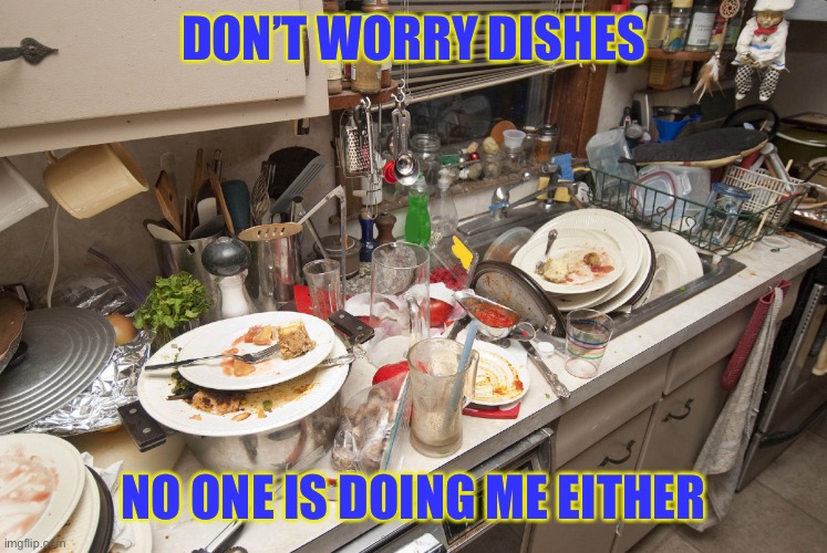 Dirty Dishes | DON’T WORRY DISHES; NO ONE IS DOING ME EITHER | image tagged in dirty dishes | made w/ Imgflip meme maker