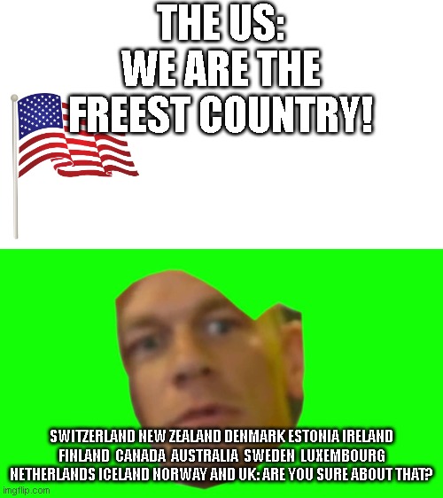 hey usa guess what! |  THE US: WE ARE THE FREEST COUNTRY! SWITZERLAND NEW ZEALAND DENMARK ESTONIA IRELAND FINLAND  CANADA  AUSTRALIA  SWEDEN  LUXEMBOURG NETHERLANDS ICELAND NORWAY AND UK: ARE YOU SURE ABOUT THAT? | image tagged in are you sure about that cena | made w/ Imgflip meme maker