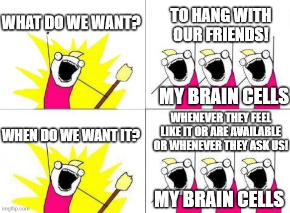 being socially awkward like | WHAT DO WE WANT? TO HANG WITH OUR FRIENDS! MY BRAIN CELLS; WHENEVER THEY FEEL LIKE IT OR ARE AVAILABLE OR WHENEVER THEY ASK US! WHEN DO WE WANT IT? MY BRAIN CELLS | image tagged in memes,what do we want,anxiety,oh wow are you actually reading these tags,have a nice day | made w/ Imgflip meme maker
