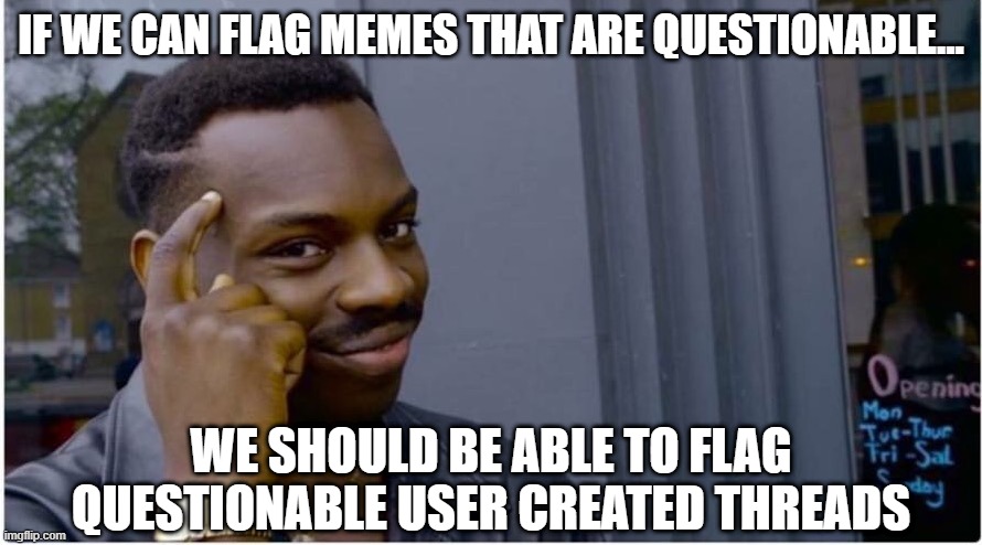 There Are So Many That Need to Be Deleted! | IF WE CAN FLAG MEMES THAT ARE QUESTIONABLE... WE SHOULD BE ABLE TO FLAG QUESTIONABLE USER CREATED THREADS | image tagged in roll safe | made w/ Imgflip meme maker