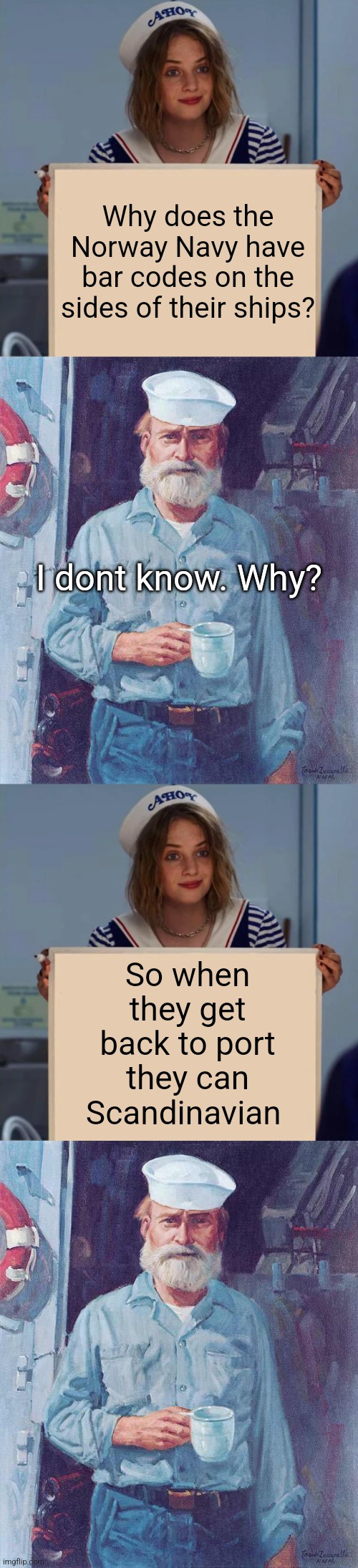 Salty | Why does the Norway Navy have bar codes on the sides of their ships? I dont know. Why? So when they get back to port they can Scandinavian | image tagged in robin stranger things meme,old sailor,bad puns,dad jokes,eyeroll | made w/ Imgflip meme maker