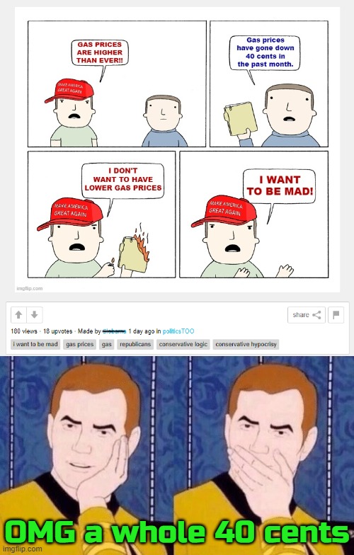 We've only got $3 left to go! Man, PoliticsToo are deluded | OMG a whole 40 cents | image tagged in sarcastically surprised kirk,leftists | made w/ Imgflip meme maker
