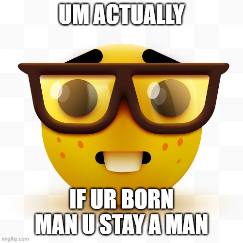 Nerd emoji | UM ACTUALLY IF UR BORN MAN U STAY A MAN | image tagged in nerd emoji | made w/ Imgflip meme maker