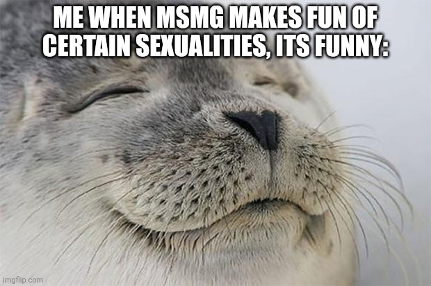 Satisfied Seal Meme | ME WHEN MSMG MAKES FUN OF CERTAIN SEXUALITIES, ITS FUNNY: | image tagged in memes,satisfied seal | made w/ Imgflip meme maker