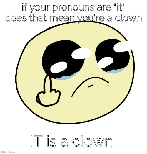 I'm so funny why aren't you laughing!!!11!!1!! | if your pronouns are "it" does that mean you're a clown; IT is a clown | image tagged in no father | made w/ Imgflip meme maker