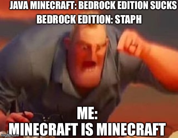 MINECRAFT IS MINECRAFT | JAVA MINECRAFT: BEDROCK EDITION SUCKS; BEDROCK EDITION: STAPH; ME:
MINECRAFT IS MINECRAFT | image tagged in mr incredible mad | made w/ Imgflip meme maker