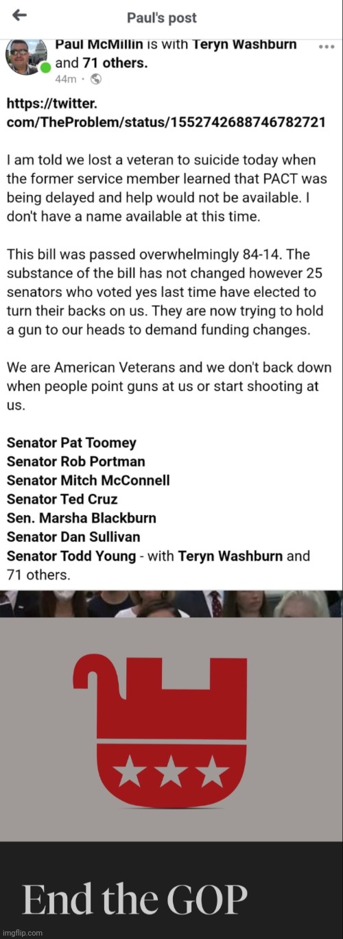 Republicans vs. veterans | image tagged in suicide,veterans,scumbag republicans,you know the rules it's time to die | made w/ Imgflip meme maker