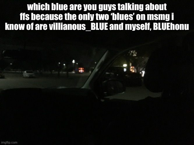 which blue are you guys talking about ffs because the only two ‘blues’ on msmg i know of are villianous_BLUE and myself, BLUEhonu | made w/ Imgflip meme maker