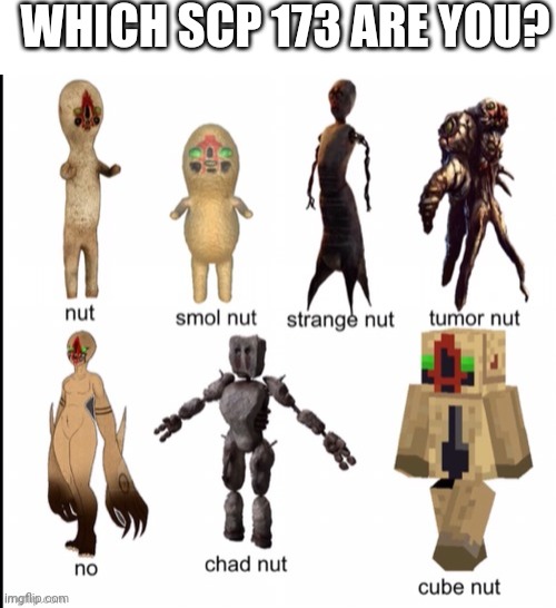 Bottom left makes you want to nut *applause* if you know what I mean | WHICH SCP 173 ARE YOU? | image tagged in blank white template | made w/ Imgflip meme maker