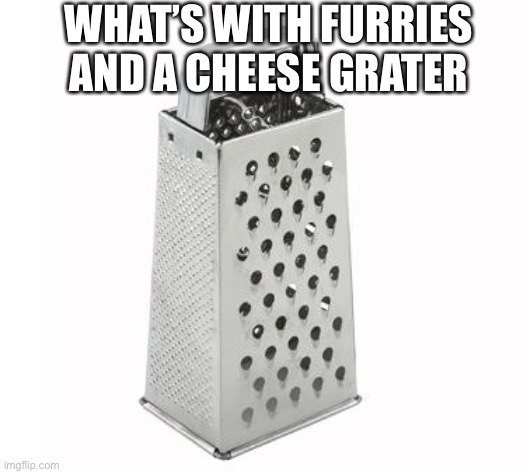 cheese grater | WHAT’S WITH FURRIES AND A CHEESE GRATER | image tagged in cheese grater | made w/ Imgflip meme maker