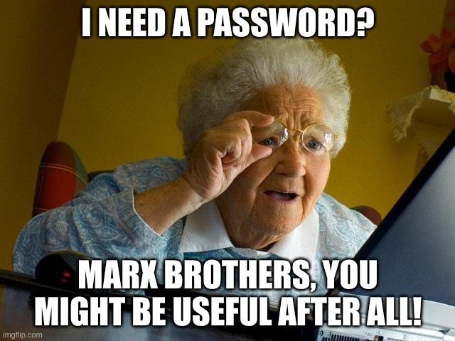 Swordfish | I NEED A PASSWORD? MARX BROTHERS, YOU MIGHT BE USEFUL AFTER ALL! | image tagged in memes,grandma finds the internet | made w/ Imgflip meme maker