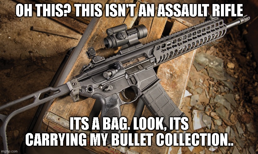 Assault rifle | OH THIS? THIS ISN'T AN ASSAULT RIFLE ITS A BAG. LOOK, ITS CARRYING MY BULLET COLLECTION.. | image tagged in assault rifle | made w/ Imgflip meme maker