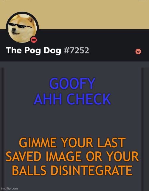 epic doggos epic discord temp | GOOFY AHH CHECK; GIMME YOUR LAST SAVED IMAGE OR YOUR BALLS DISINTEGRATE | image tagged in epic doggos epic discord temp | made w/ Imgflip meme maker