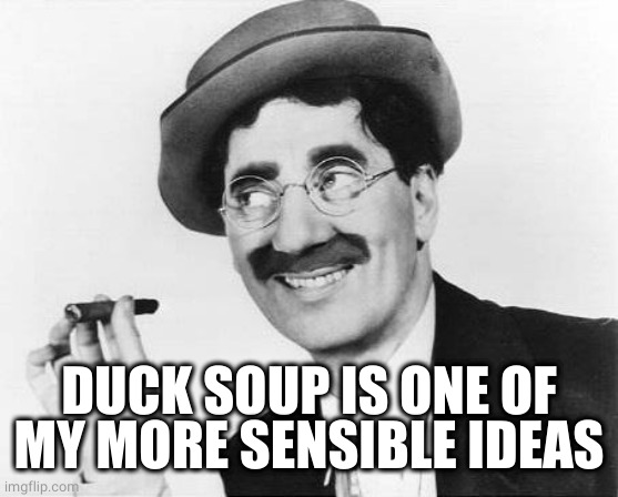 Groucho Marx | DUCK SOUP IS ONE OF MY MORE SENSIBLE IDEAS | image tagged in groucho marx | made w/ Imgflip meme maker