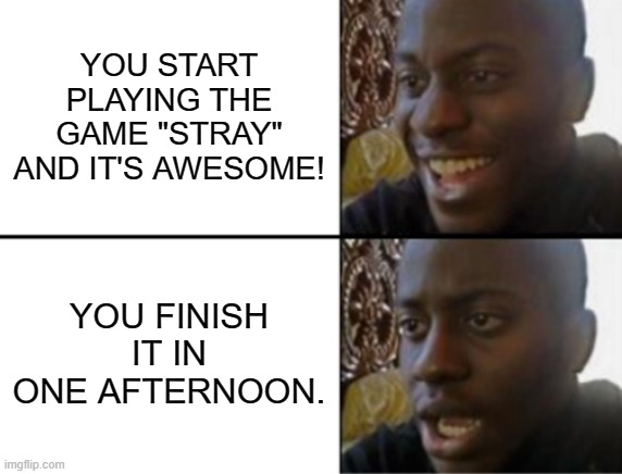 WHY IS IT SO SHORT?! | YOU START PLAYING THE GAME "STRAY" AND IT'S AWESOME! YOU FINISH IT IN ONE AFTERNOON. | image tagged in oh yeah oh no,stray,memes,funny,short | made w/ Imgflip meme maker