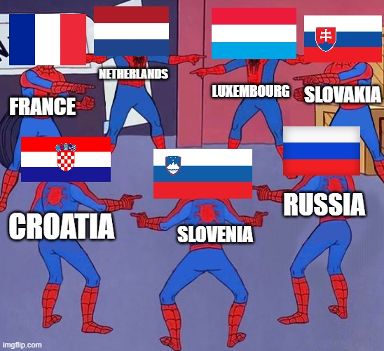 European flags tend to look the same. | SLOVAKIA; LUXEMBOURG; NETHERLANDS; FRANCE; RUSSIA; SLOVENIA; CROATIA | image tagged in same spider man 7,europe,flags,funny,memes,oh wow are you actually reading these tags | made w/ Imgflip meme maker