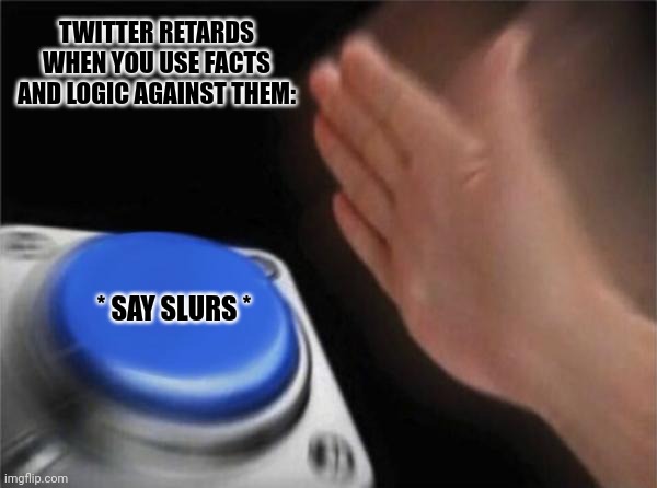 Blank Nut Button Meme | TWITTER RETARDS WHEN YOU USE FACTS AND LOGIC AGAINST THEM:; * SAY SLURS * | image tagged in memes,facts,logic | made w/ Imgflip meme maker