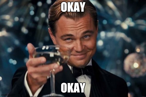 Leonardo Dicaprio Cheers Meme | OKAY; OKAY | image tagged in memes,leonardo dicaprio cheers | made w/ Imgflip meme maker