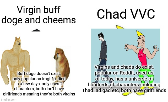 Reject swole doge and cheems, embrace the vvc | Chad VVC; Virgin buff doge and cheems; Virgins and chads do exist, popular on Reddit, used as of today, has a universe of hundreds of characters including Thad lad gad etc, both have girlfriends; Buff doge doesn't exist, only popular on imgfl*p, died in a few days, only uses 2 characters, both don't have girlfriends meaning they're both virgins | image tagged in virgin vs chad,buff doge vs cheems | made w/ Imgflip meme maker