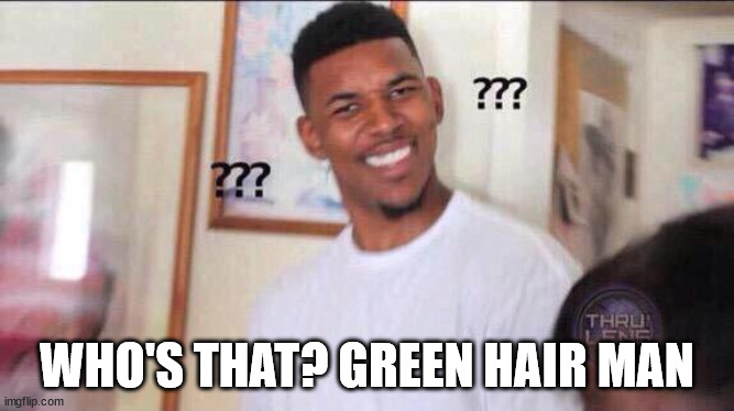 Black guy confused | WHO'S THAT? GREEN HAIR MAN | image tagged in black guy confused | made w/ Imgflip meme maker