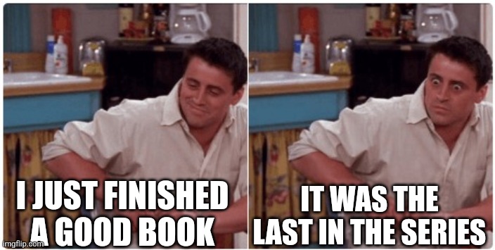 Joey from Friends | I JUST FINISHED A GOOD BOOK; IT WAS THE LAST IN THE SERIES | image tagged in joey from friends | made w/ Imgflip meme maker