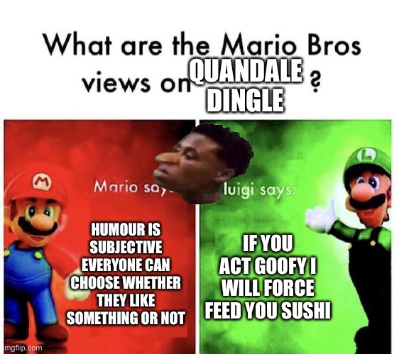 Augghhhhh | QUANDALE DINGLE; HUMOUR IS SUBJECTIVE
EVERYONE CAN CHOOSE WHETHER THEY LIKE SOMETHING OR NOT; IF YOU ACT GOOFY I WILL FORCE FEED YOU SUSHI | image tagged in mario bros views | made w/ Imgflip meme maker