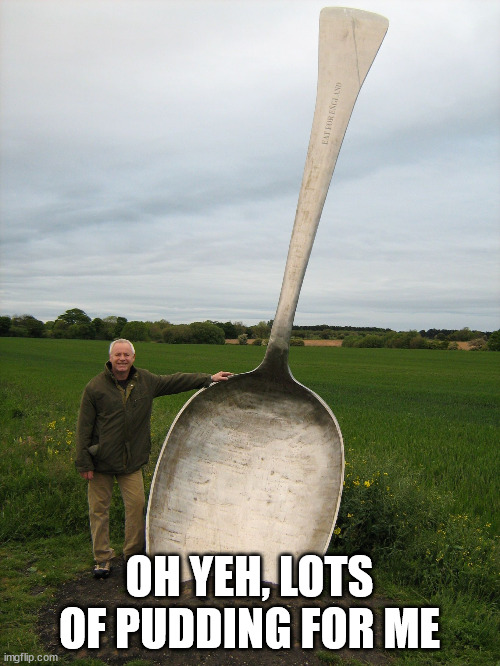 Big spoon | OH YEH, LOTS OF PUDDING FOR ME | image tagged in big spoon | made w/ Imgflip meme maker