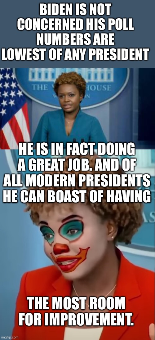 Lie. Spin. Repeat. | BIDEN IS NOT CONCERNED HIS POLL NUMBERS ARE LOWEST OF ANY PRESIDENT; HE IS IN FACT DOING A GREAT JOB. AND OF ALL MODERN PRESIDENTS HE CAN BOAST OF HAVING; THE MOST ROOM FOR IMPROVEMENT. | image tagged in deputy secretary karine jean-pierre,clown karine,biden worst | made w/ Imgflip meme maker