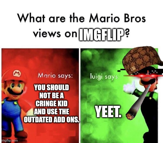 the cringe | IMGFLIP; YOU SHOULD NOT BE A CRINGE KID AND USE THE OUTDATED ADD ONS. YEET. | image tagged in mario bros views | made w/ Imgflip meme maker